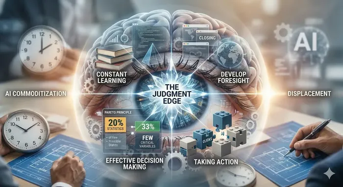 The Judgment Edge framework showing four practices: Constant Learning, Develop Foresight, Effective Decision Making, and Taking Action, with AI commoditization and displacement on opposite sides